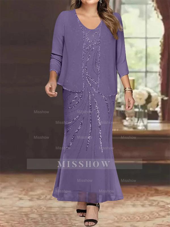 Plus Size V-Neck Ankle-Length Sheath/Column Mother of the Bride Dresses with Sequins & Jacket