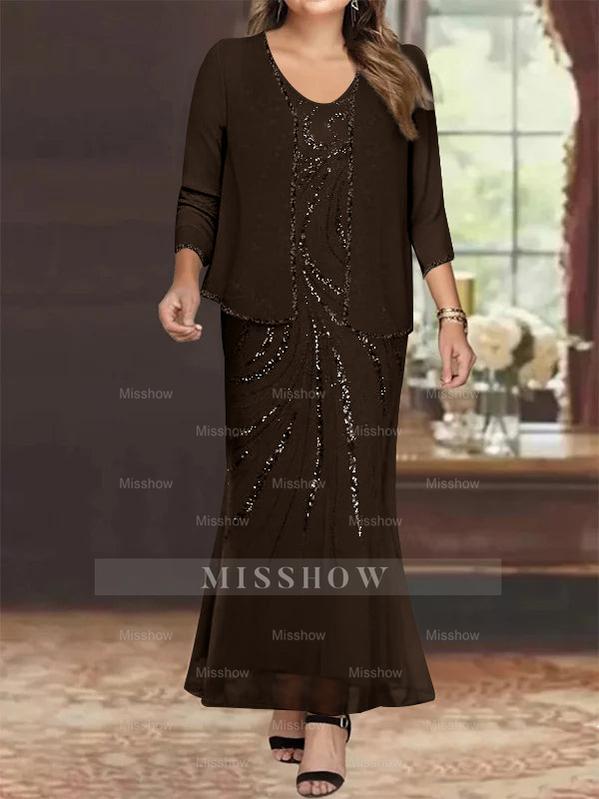 Plus Size V-Neck Ankle-Length Sheath/Column Mother of the Bride Dresses with Sequins & Jacket