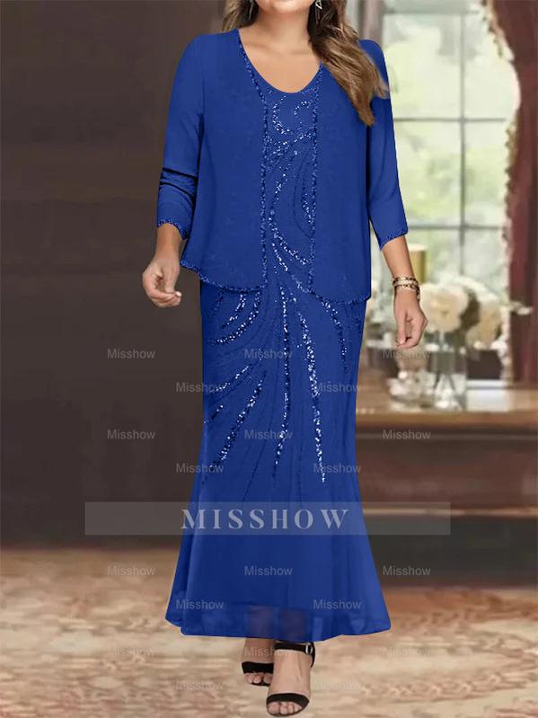 Plus Size V-Neck Ankle-Length Sheath/Column Mother of the Bride Dresses with Sequins & Jacket