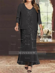 Plus Size V-Neck Ankle-Length Sheath/Column Mother of the Bride Dresses with Sequins & Jacket