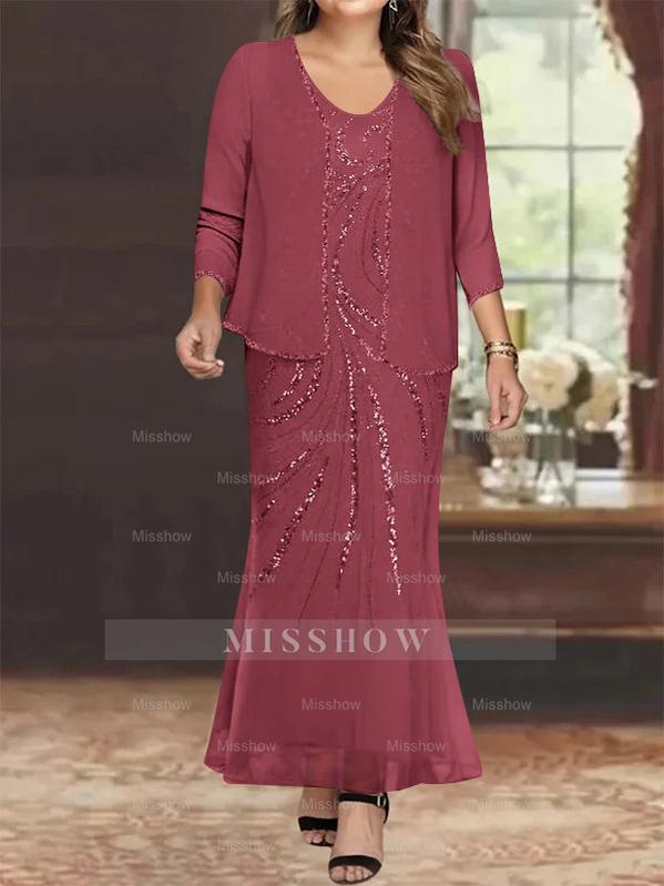 Plus Size V-Neck Ankle-Length Sheath/Column Mother of the Bride Dresses with Sequins & Jacket