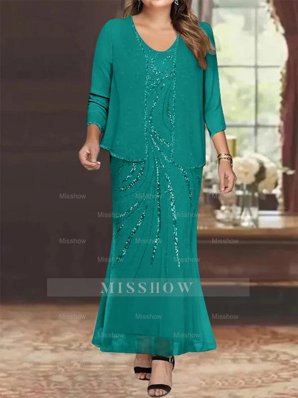 Plus Size V-Neck Ankle-Length Sheath/Column Mother of the Bride Dresses with Sequins & Jacket