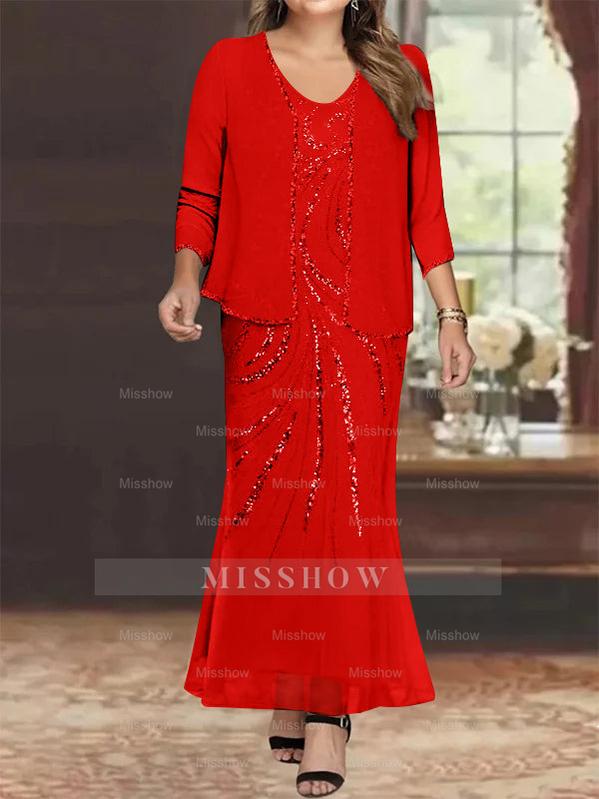 Plus Size V-Neck Ankle-Length Sheath/Column Mother of the Bride Dresses with Sequins & Jacket