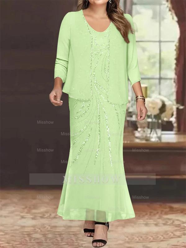 Plus Size V-Neck Ankle-Length Sheath/Column Mother of the Bride Dresses with Sequins & Jacket