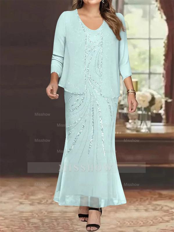 Plus Size V-Neck Ankle-Length Sheath/Column Mother of the Bride Dresses with Sequins & Jacket