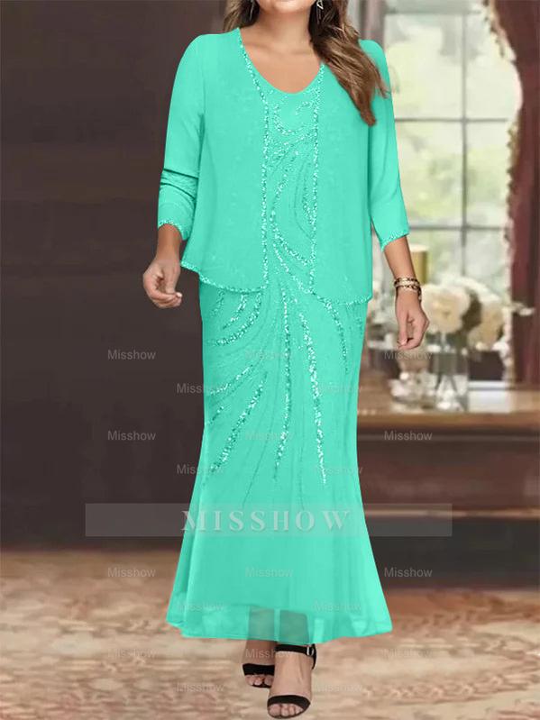 Plus Size V-Neck Ankle-Length Sheath/Column Mother of the Bride Dresses with Sequins & Jacket
