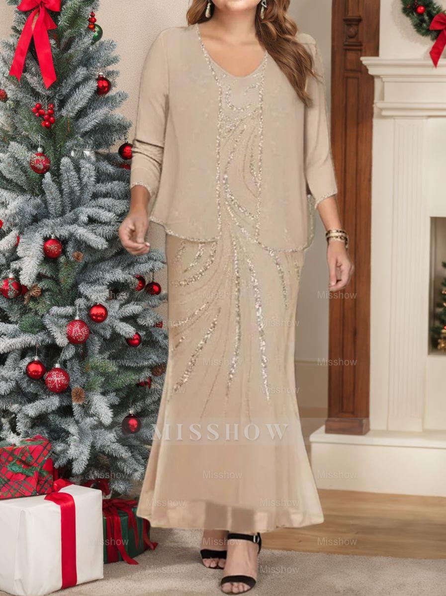 Plus Size V-Neck Ankle-Length Sheath/Column Mother of the Bride Dresses with Sequins & Jacket