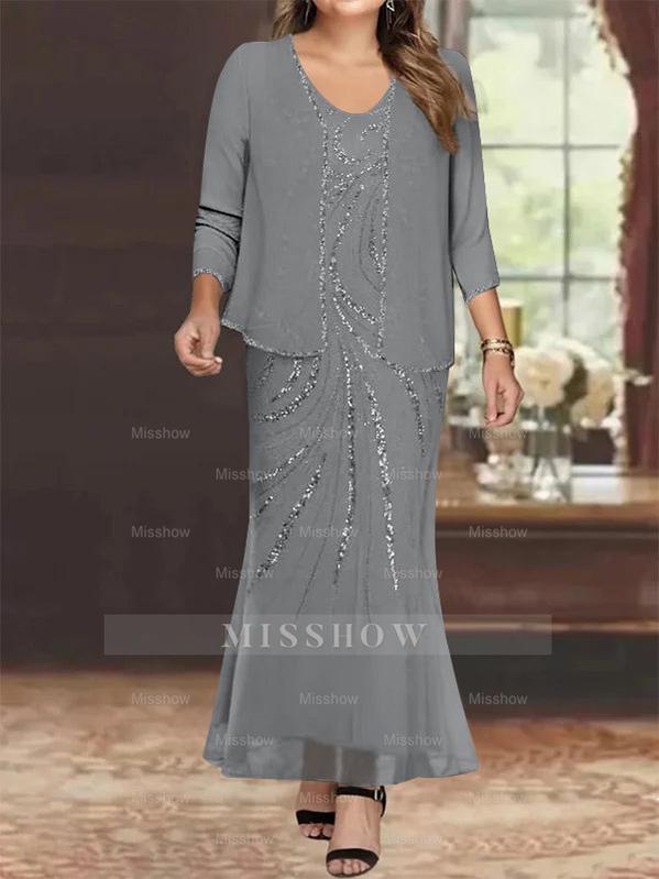 Plus Size V-Neck Ankle-Length Sheath/Column Mother of the Bride Dresses with Sequins & Jacket