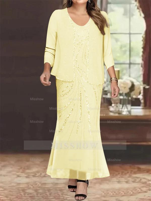 Plus Size V-Neck Ankle-Length Sheath/Column Mother of the Bride Dresses with Sequins & Jacket