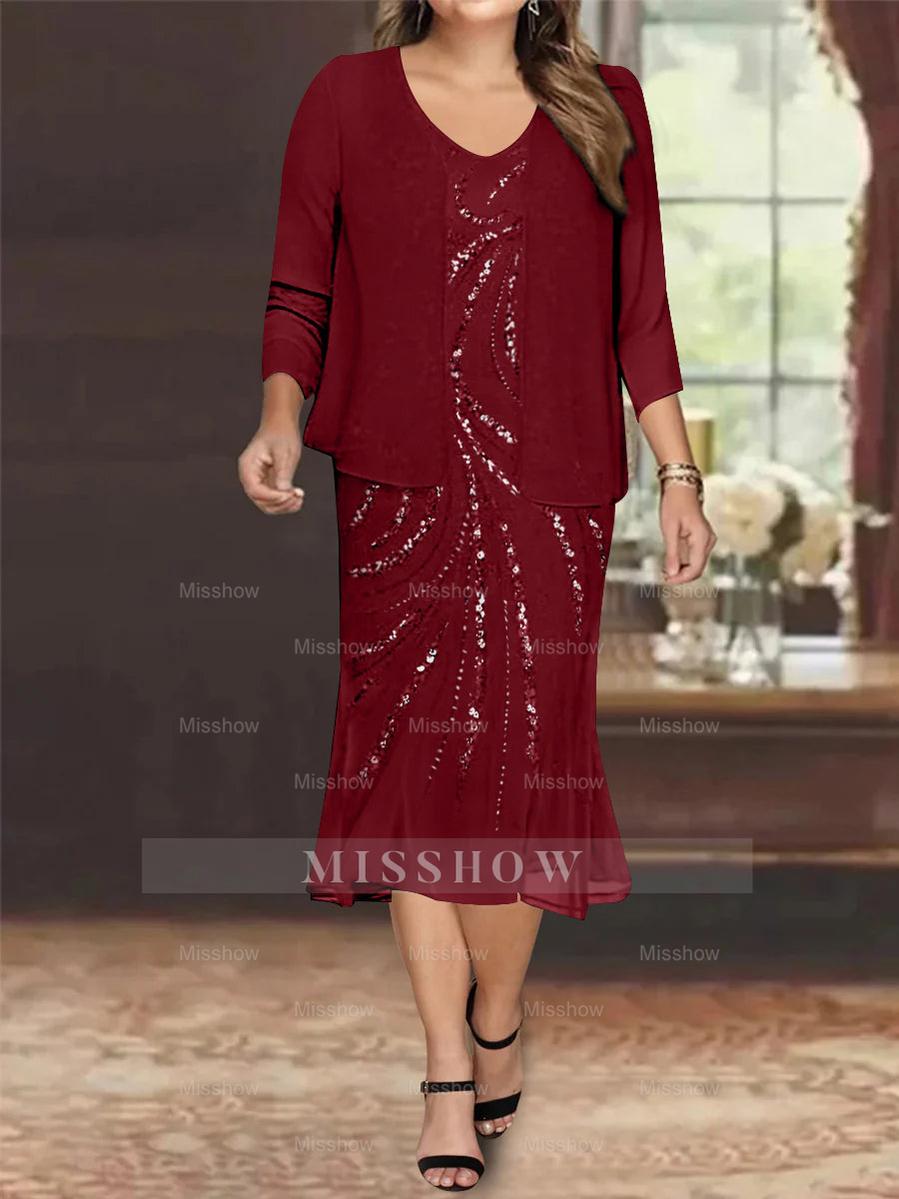 Plus Size V-Neck Chiffon Mother of the Bride Dress Set with Jacket and Sequins Knee-Length