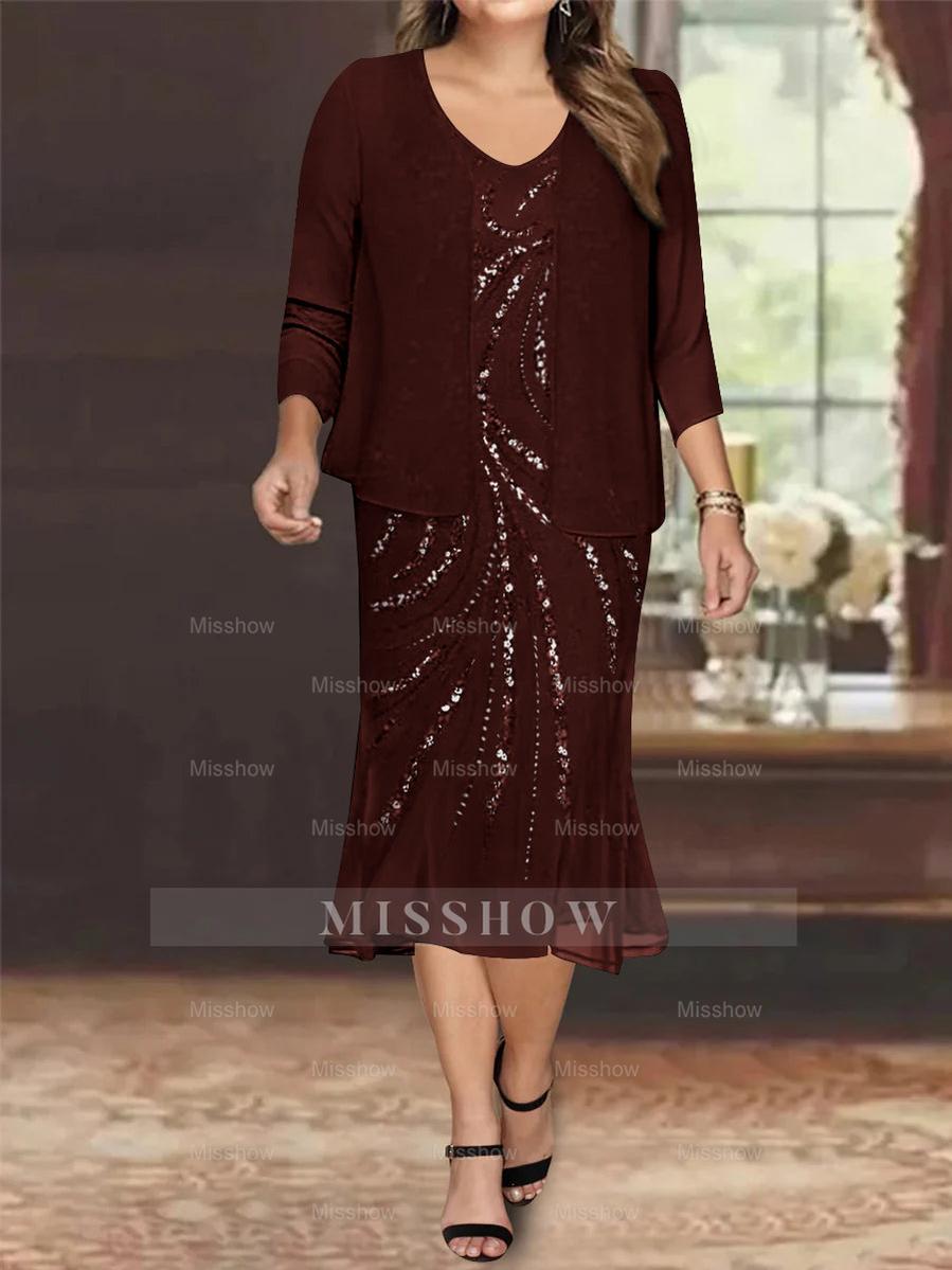 Plus Size V-Neck Chiffon Mother of the Bride Dress Set with Jacket and Sequins Knee-Length