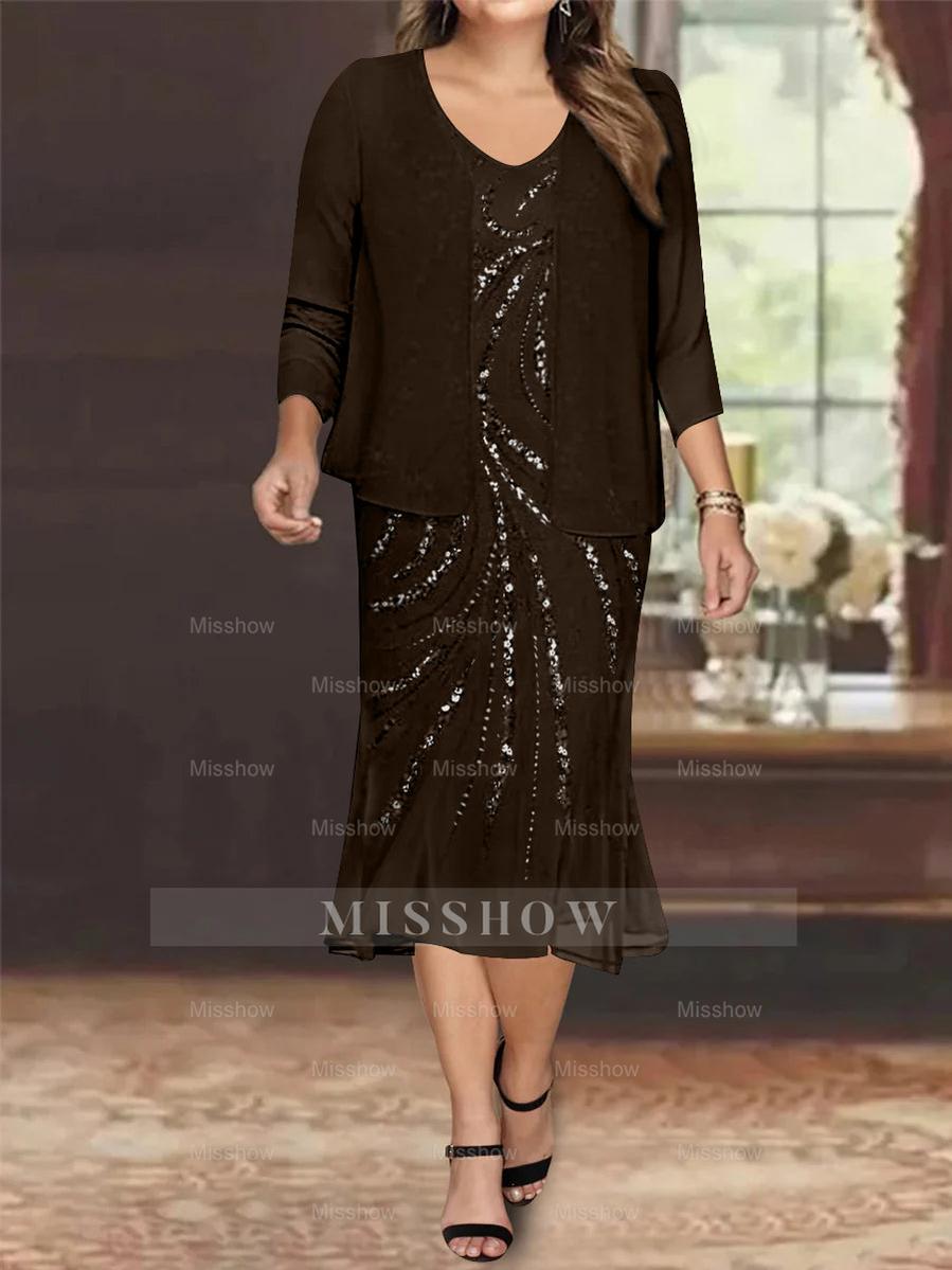 Plus Size V-Neck Chiffon Mother of the Bride Dress Set with Jacket and Sequins Knee-Length