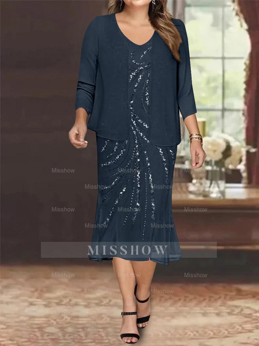 Plus Size V-Neck Chiffon Mother of the Bride Dress Set with Jacket and Sequins Knee-Length
