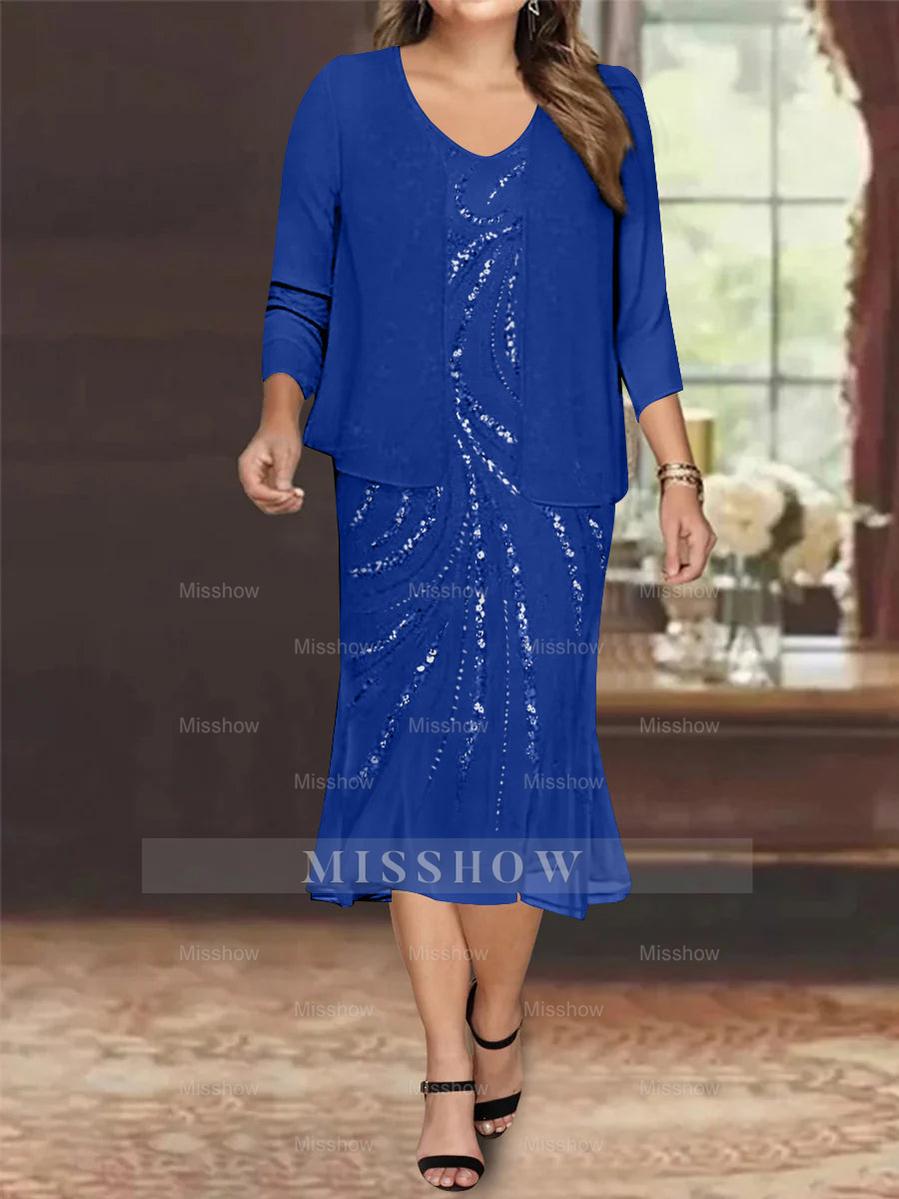 Plus Size V-Neck Chiffon Mother of the Bride Dress Set with Jacket and Sequins Knee-Length