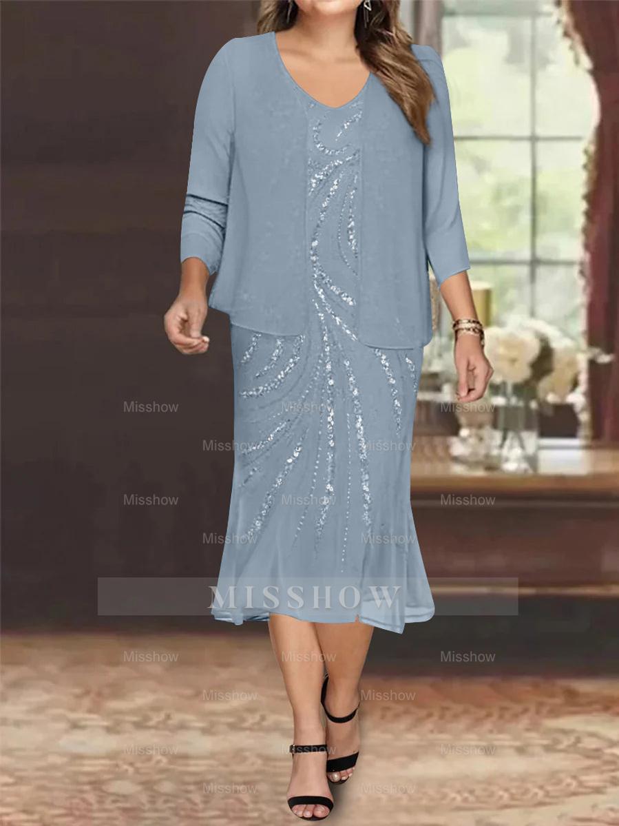 Plus Size V-Neck Chiffon Mother of the Bride Dress Set with Jacket and Sequins Knee-Length