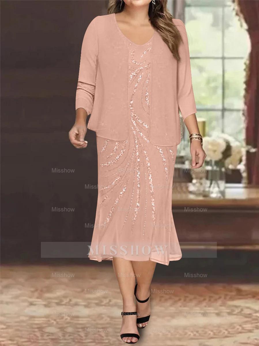 Plus Size V-Neck Chiffon Mother of the Bride Dress Set with Jacket and Sequins Knee-Length