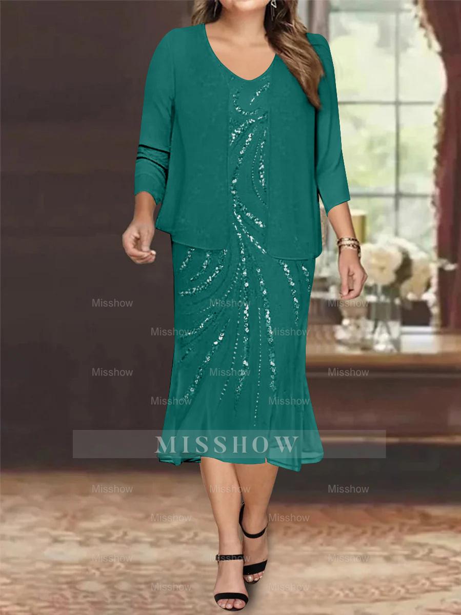 Plus Size V-Neck Chiffon Mother of the Bride Dress Set with Jacket and Sequins Knee-Length