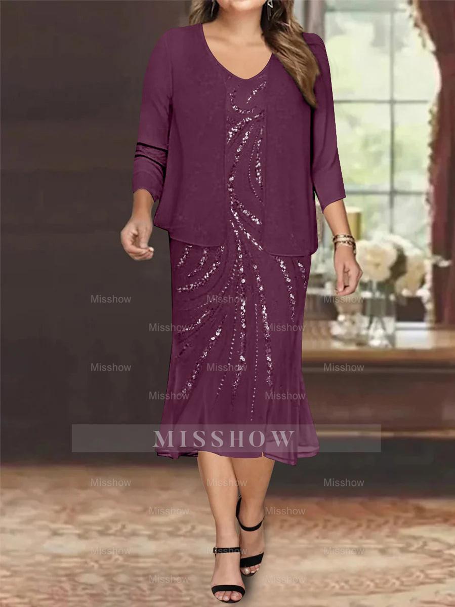 Plus Size V-Neck Chiffon Mother of the Bride Dress Set with Jacket and Sequins Knee-Length
