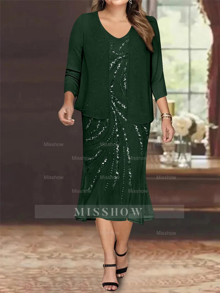 Plus Size V-Neck Chiffon Mother of the Bride Dress Set with Jacket and Sequins Knee-Length