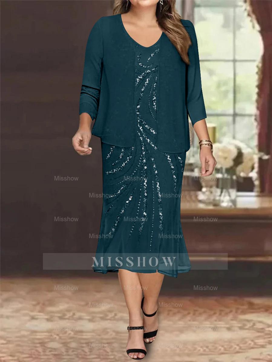 Plus Size V-Neck Chiffon Mother of the Bride Dress Set with Jacket and Sequins Knee-Length