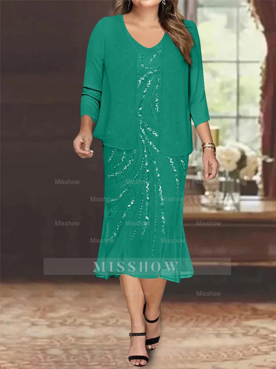 Plus Size V-Neck Chiffon Mother of the Bride Dress Set with Jacket and Sequins Knee-Length