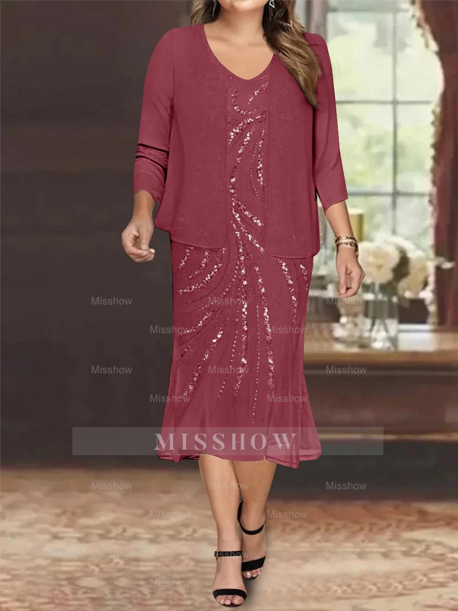Plus Size V-Neck Chiffon Mother of the Bride Dress Set with Jacket and Sequins Knee-Length