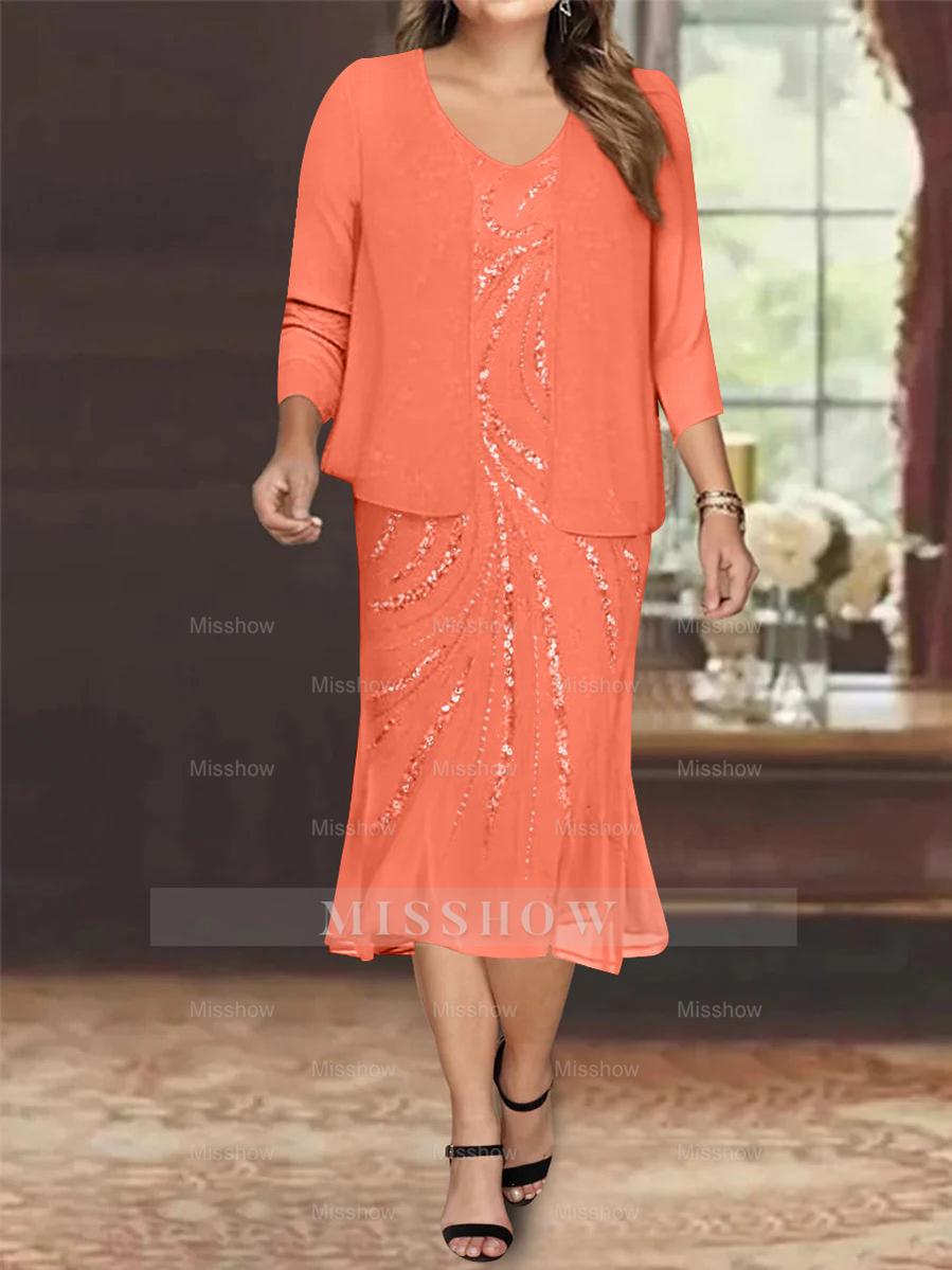 Plus Size V-Neck Chiffon Mother of the Bride Dress Set with Jacket and Sequins Knee-Length
