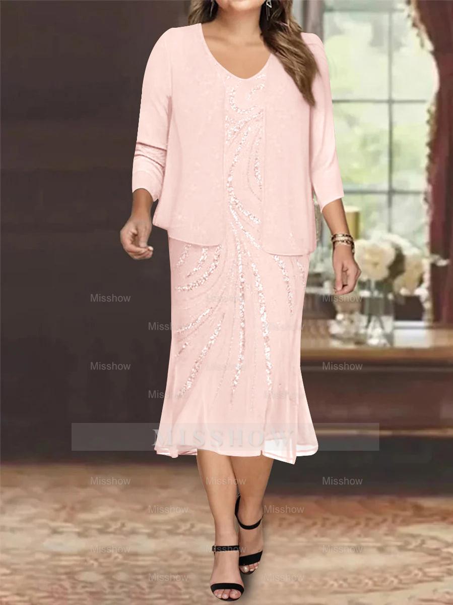 Plus Size V-Neck Chiffon Mother of the Bride Dress Set with Jacket and Sequins Knee-Length