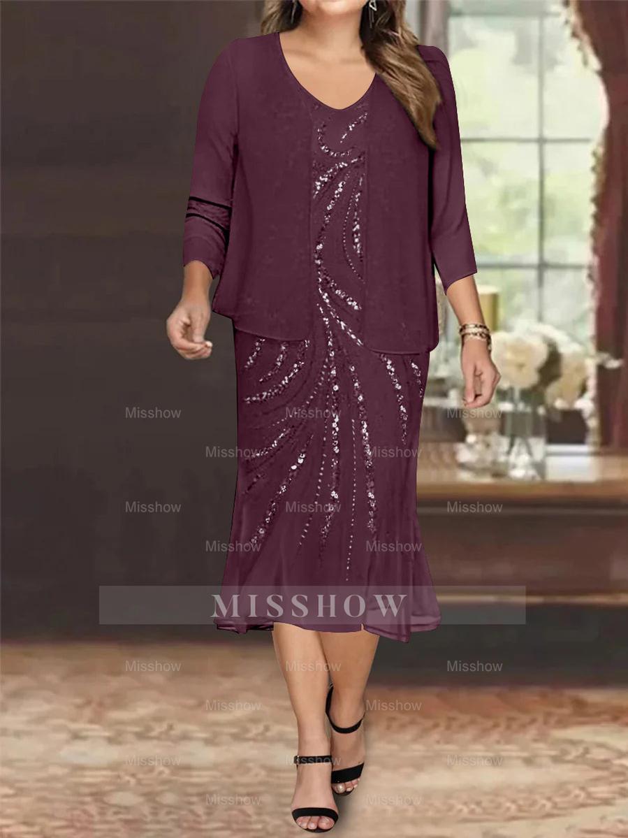 Plus Size V-Neck Chiffon Mother of the Bride Dress Set with Jacket and Sequins Knee-Length