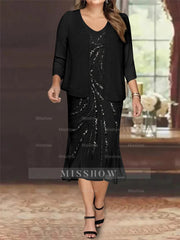 Plus Size V-Neck Chiffon Mother of the Bride Dress Set with Jacket and Sequins Knee-Length