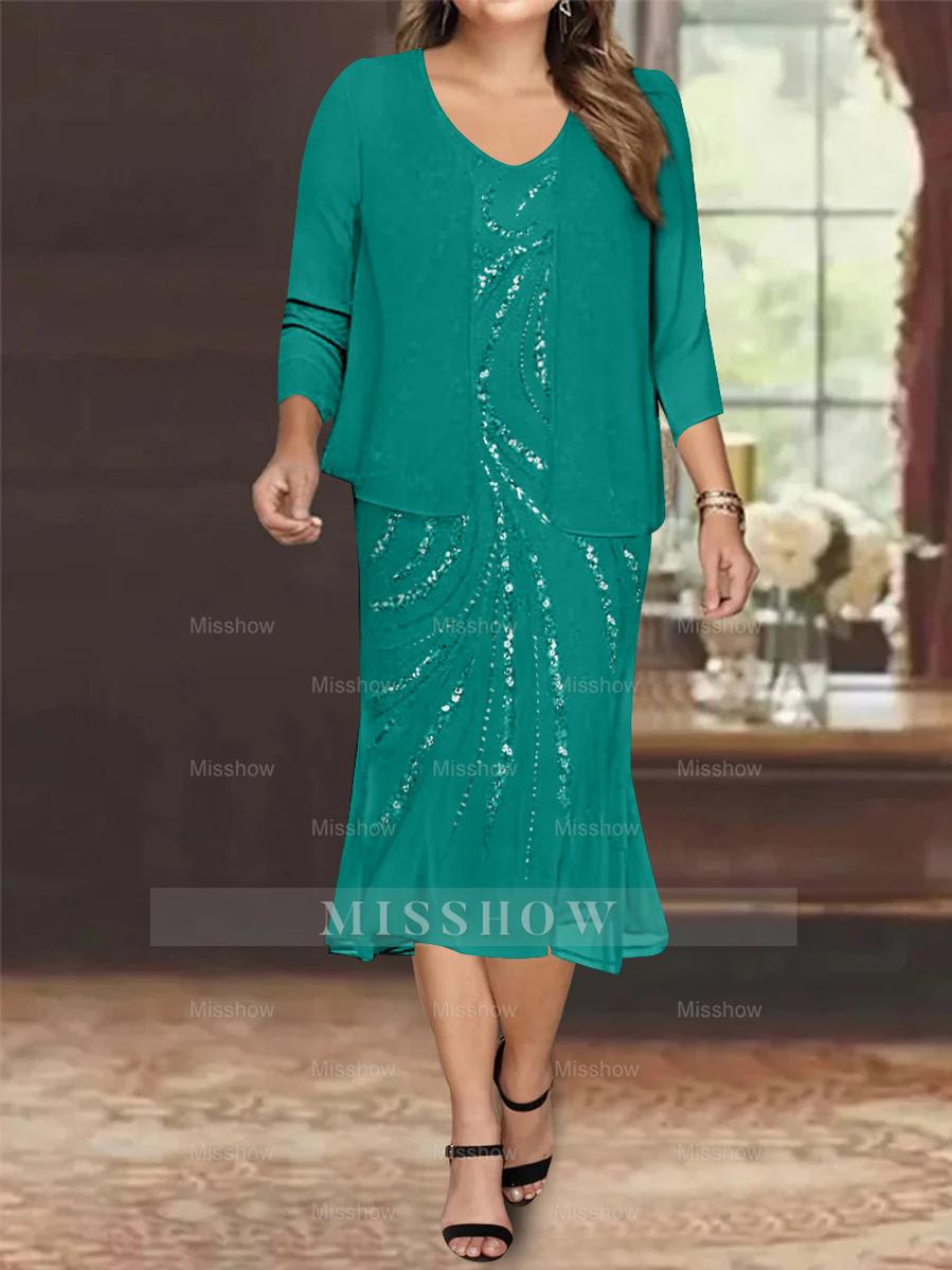 Plus Size V-Neck Chiffon Mother of the Bride Dress Set with Jacket and Sequins Knee-Length