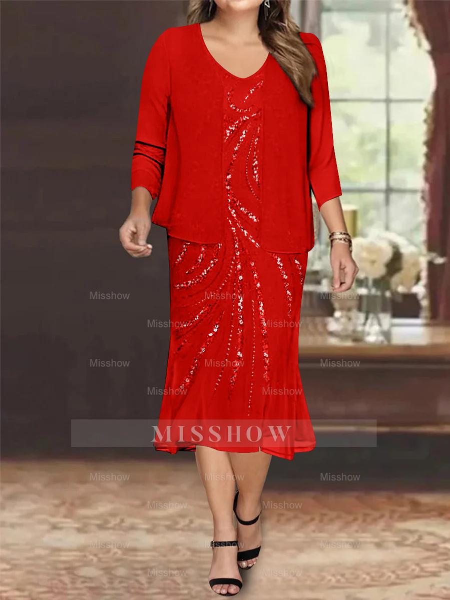 Plus Size V-Neck Chiffon Mother of the Bride Dress Set with Jacket and Sequins Knee-Length