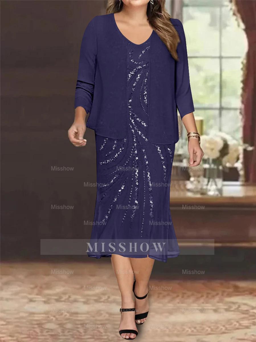 Plus Size V-Neck Chiffon Mother of the Bride Dress Set with Jacket and Sequins Knee-Length