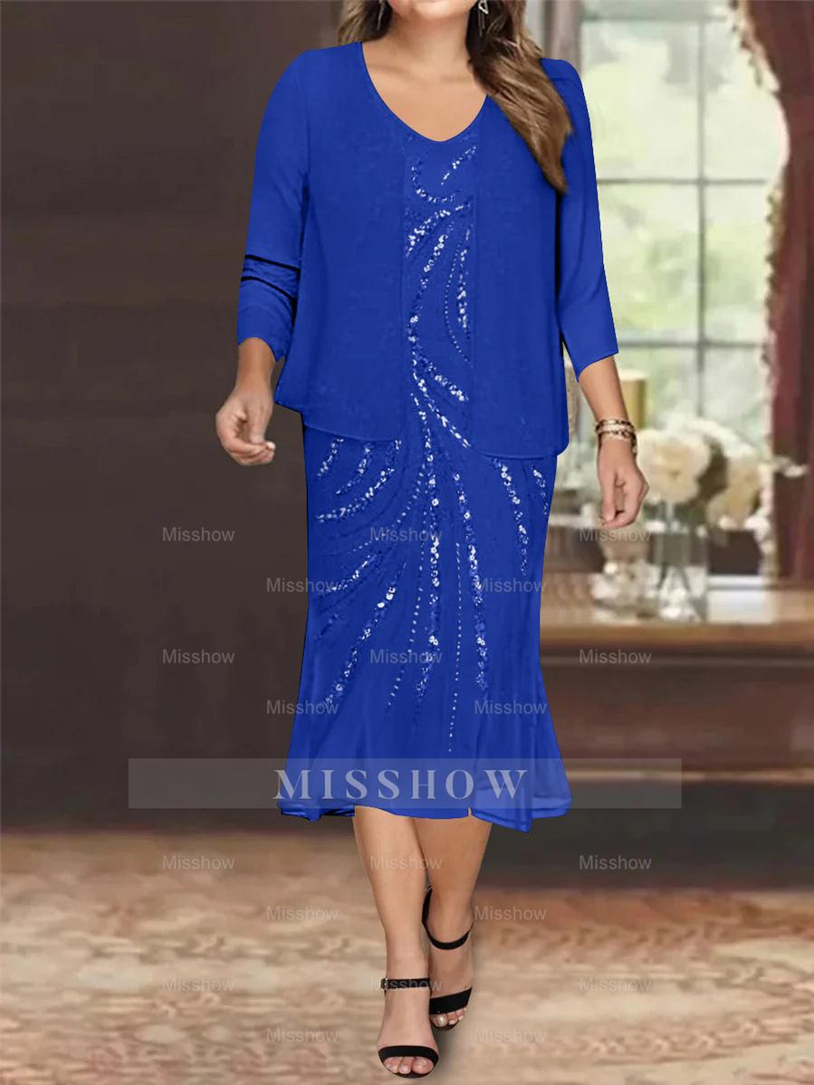 Plus Size V-Neck Chiffon Mother of the Bride Dress Set with Jacket and Sequins Knee-Length
