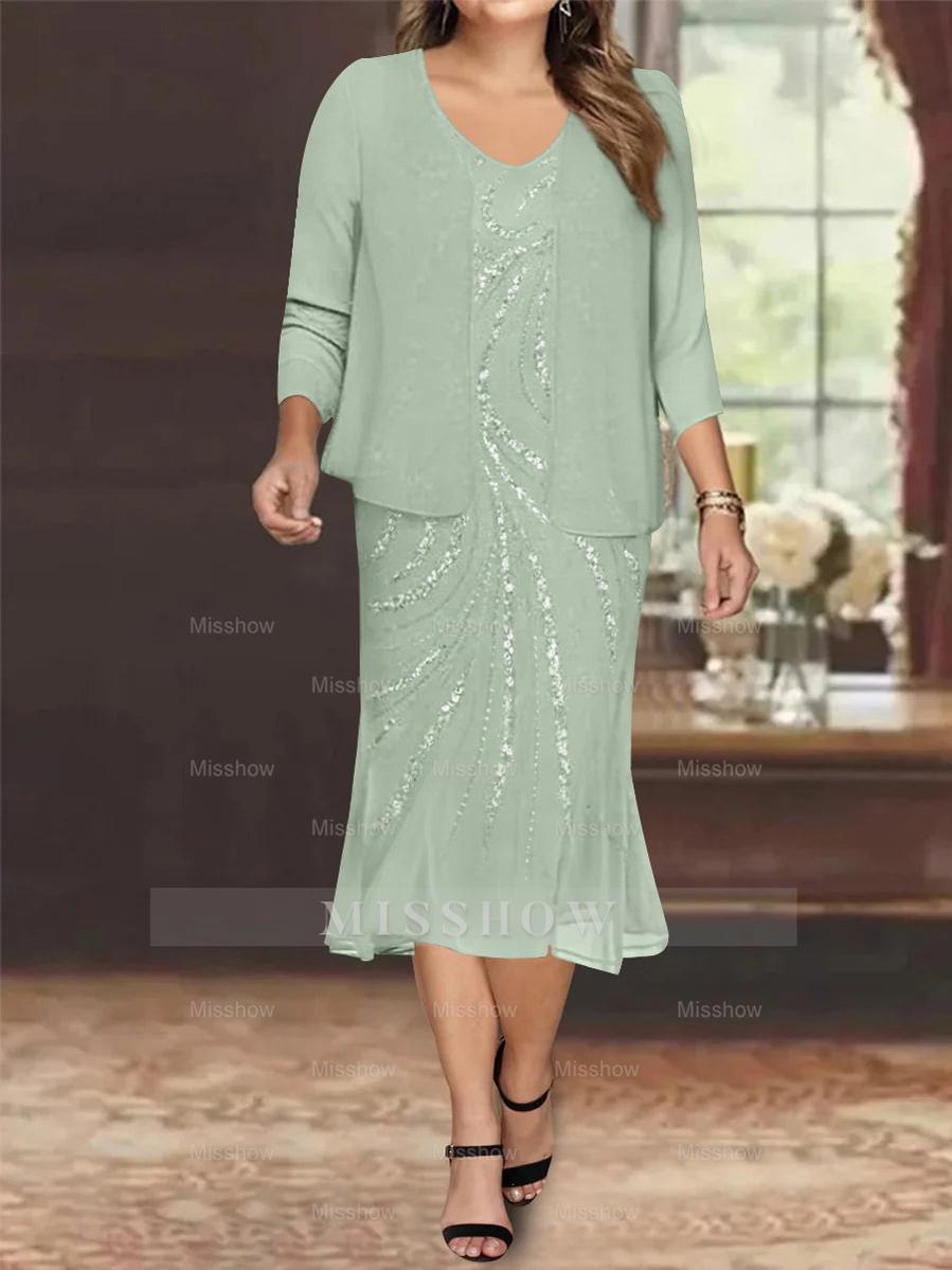 Plus Size V-Neck Chiffon Mother of the Bride Dress Set with Jacket and Sequins Knee-Length