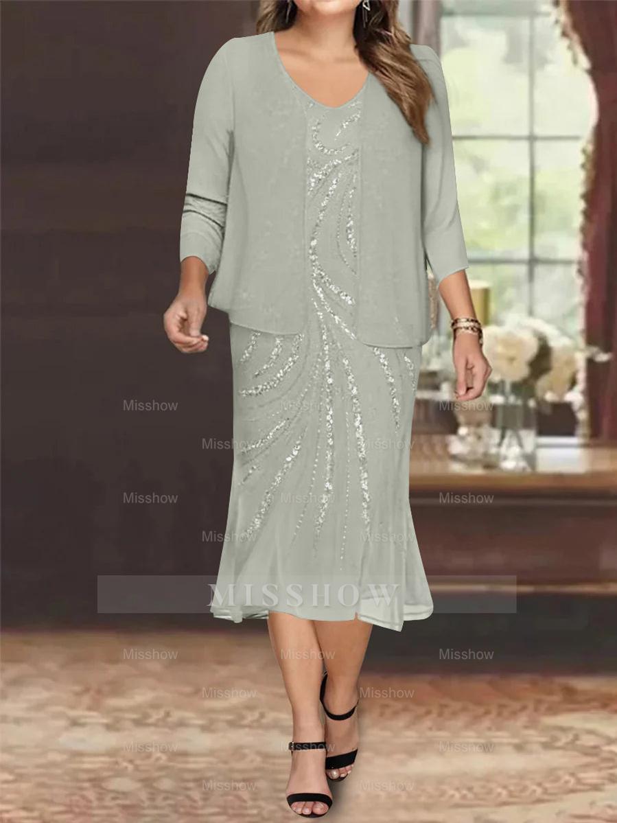 Plus Size V-Neck Chiffon Mother of the Bride Dress Set with Jacket and Sequins Knee-Length