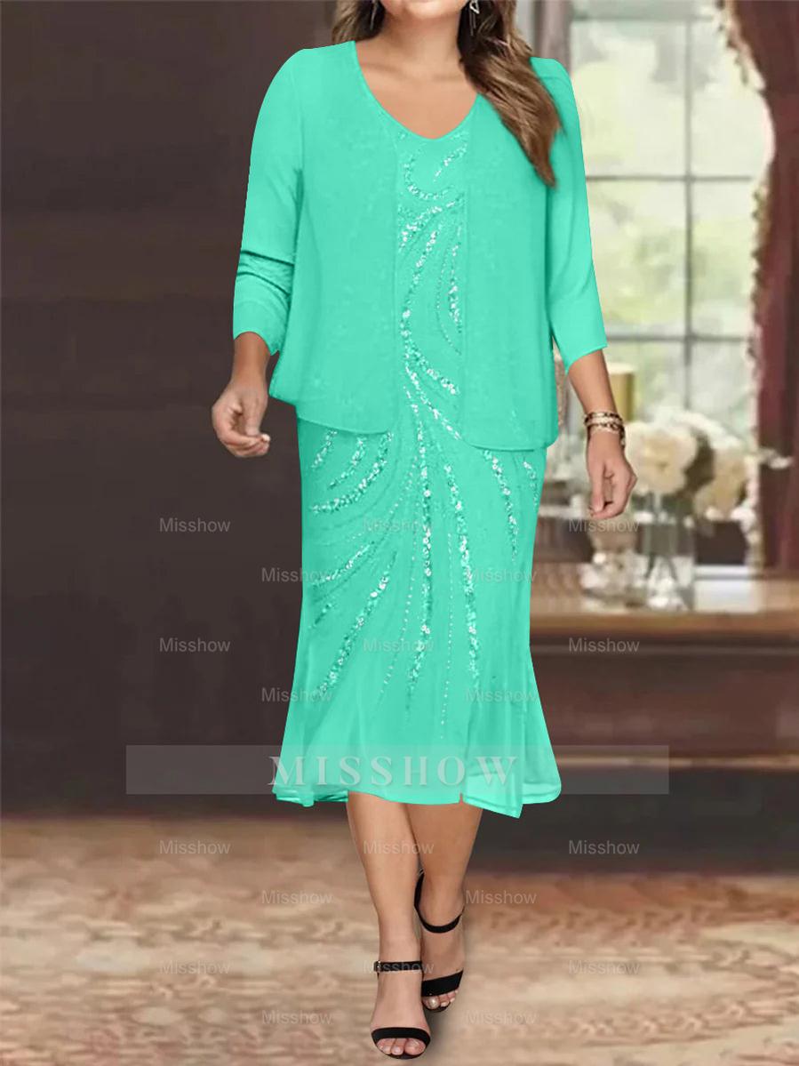 Plus Size V-Neck Chiffon Mother of the Bride Dress Set with Jacket and Sequins Knee-Length