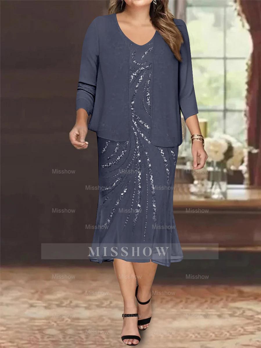 Plus Size V-Neck Chiffon Mother of the Bride Dress Set with Jacket and Sequins Knee-Length