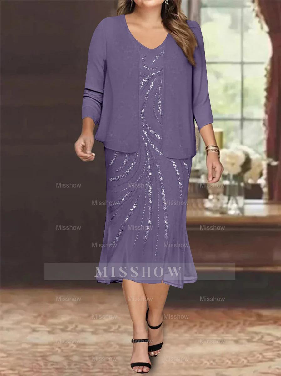 Plus Size V-Neck Chiffon Mother of the Bride Dress Set with Jacket and Sequins Knee-Length