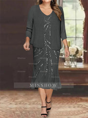 Plus Size V-Neck Chiffon Mother of the Bride Dress Set with Jacket and Sequins Knee-Length