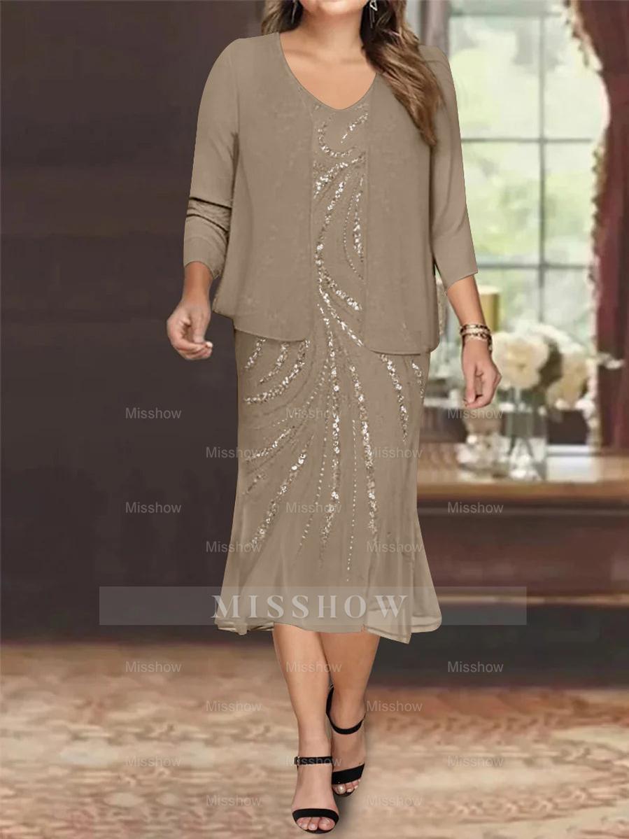 Plus Size V-Neck Chiffon Mother of the Bride Dress Set with Jacket and Sequins Knee-Length