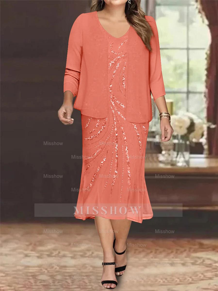 Plus Size V-Neck Chiffon Mother of the Bride Dress Set with Jacket and Sequins Knee-Length
