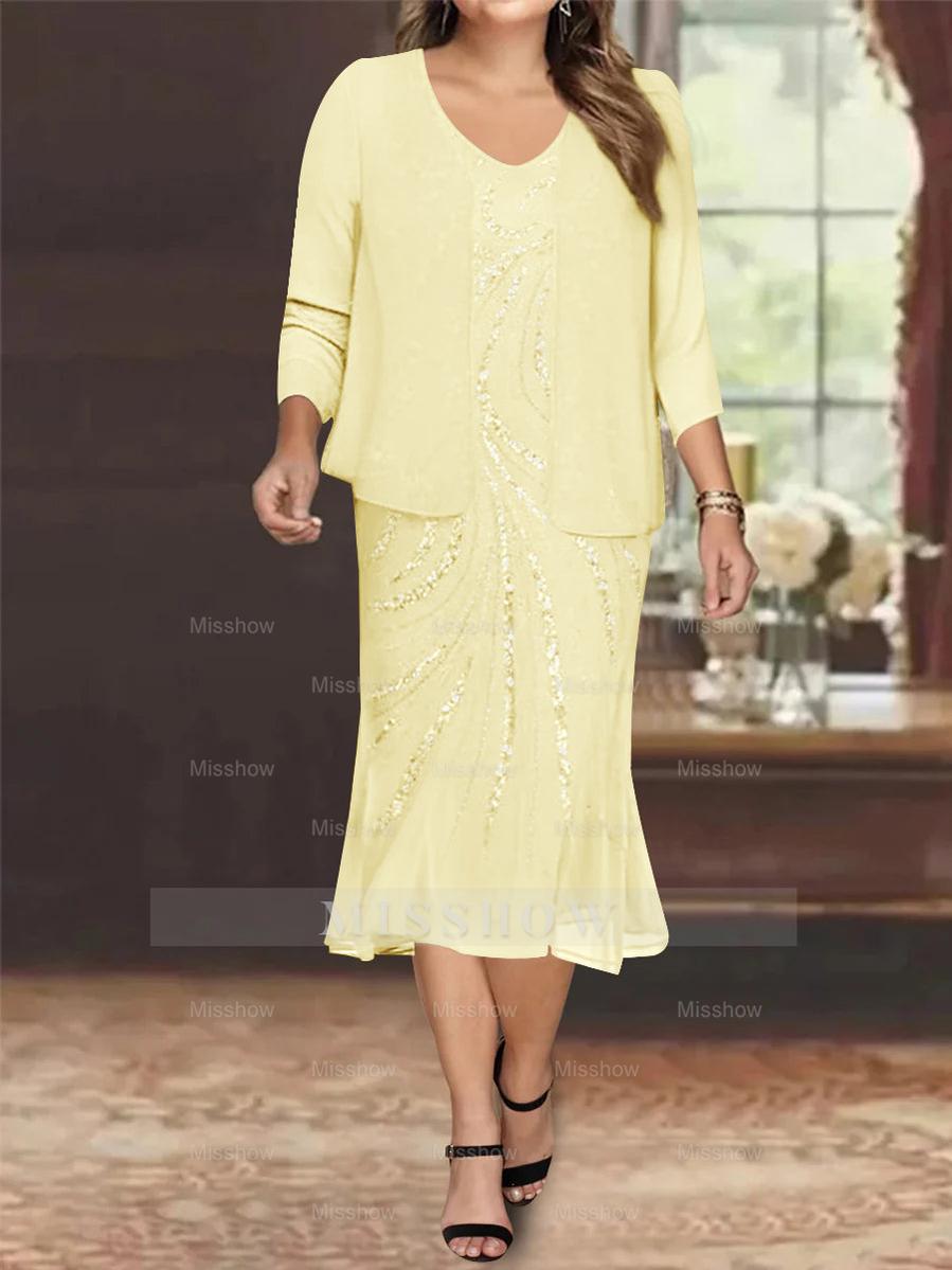 Plus Size V-Neck Chiffon Mother of the Bride Dress Set with Jacket and Sequins Knee-Length