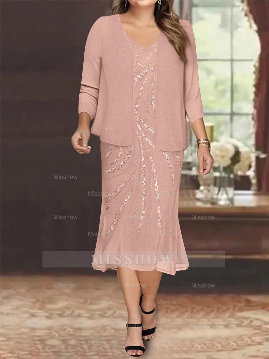 Plus Size V-Neck Chiffon Mother of the Bride Dress Set with Jacket and Sequins Knee-Length