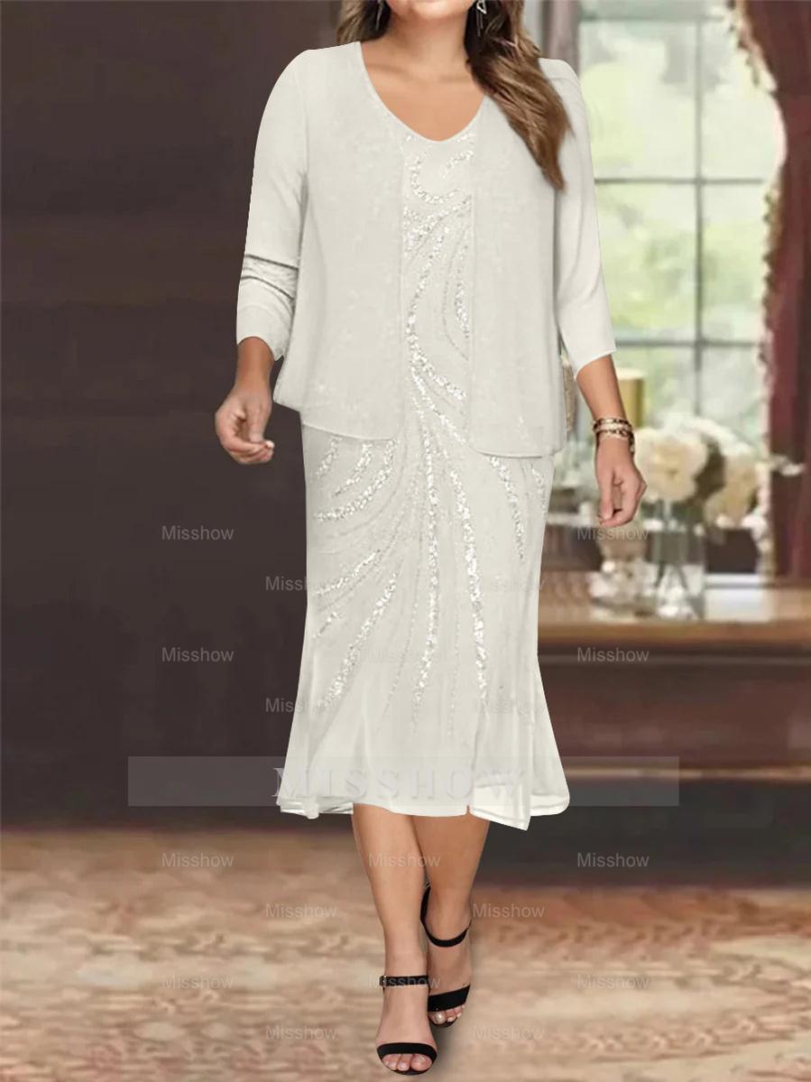 Plus Size V-Neck Chiffon Mother of the Bride Dress Set with Jacket and Sequins Knee-Length