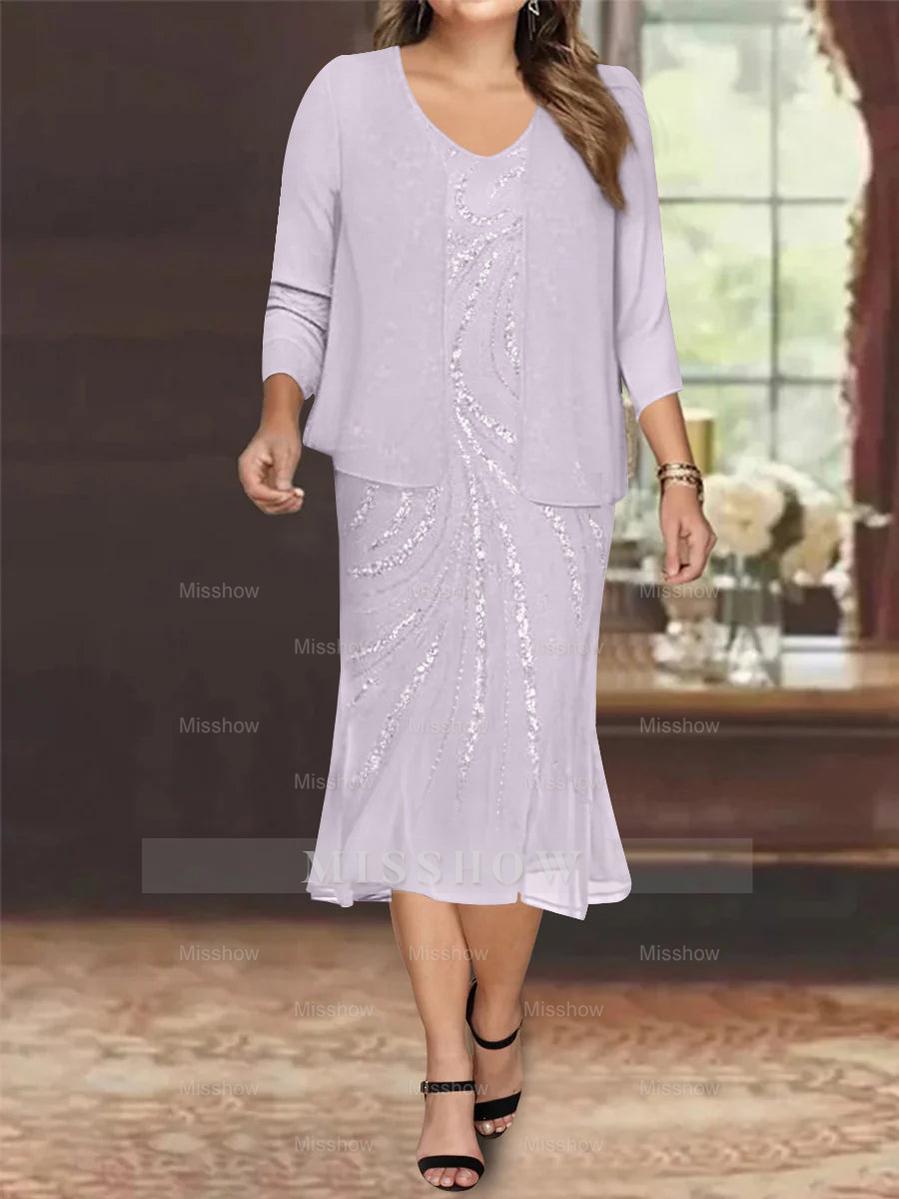 Plus Size V-Neck Chiffon Mother of the Bride Dress Set with Jacket and Sequins Knee-Length