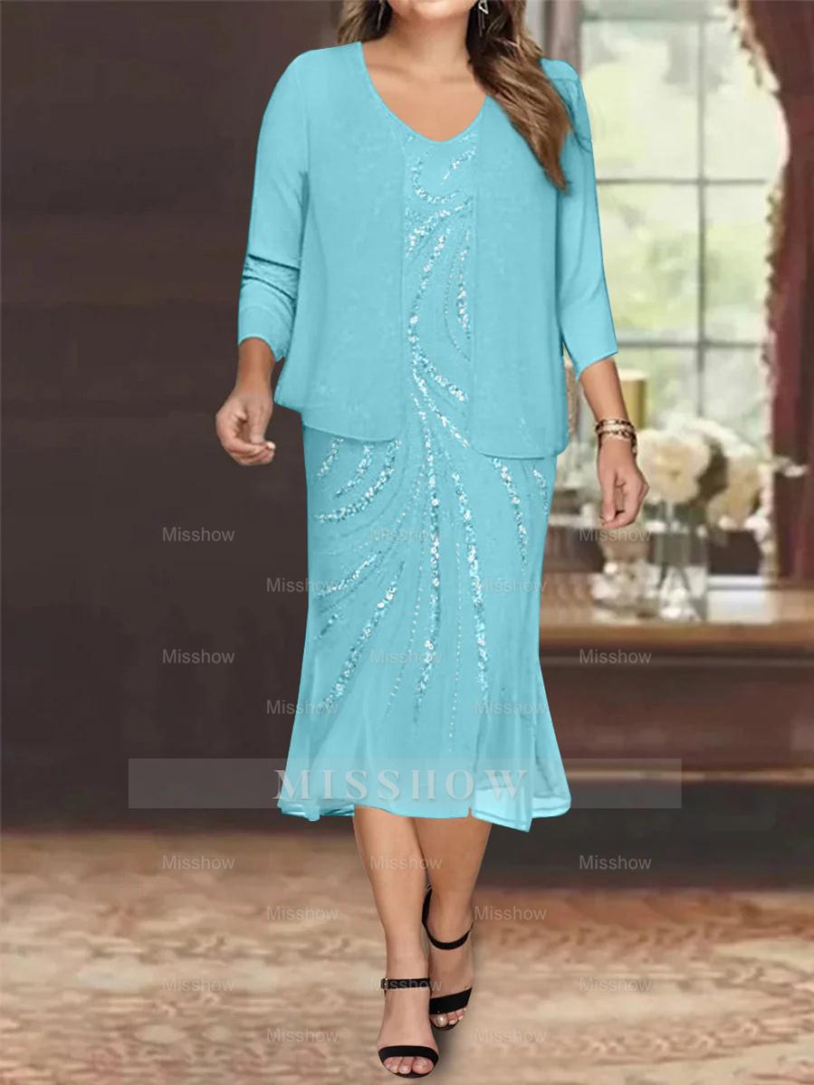 Plus Size V-Neck Chiffon Mother of the Bride Dress Set with Jacket and Sequins Knee-Length