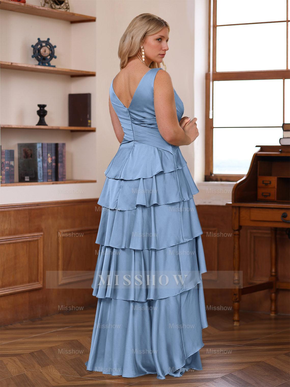 Plus Size V-Neck Sleeveless A-Line Floor-Length Mother of the Bride Dress With Ruffles & Wrap