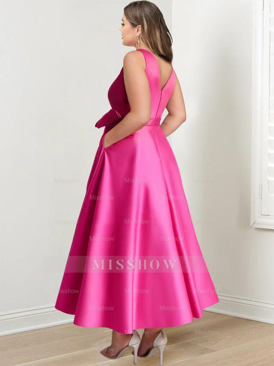 Plus Size V-Neck Sleeveless A-Line Princess Mother of the Bride Dress with Pockets and Ruffles Ankle-Length