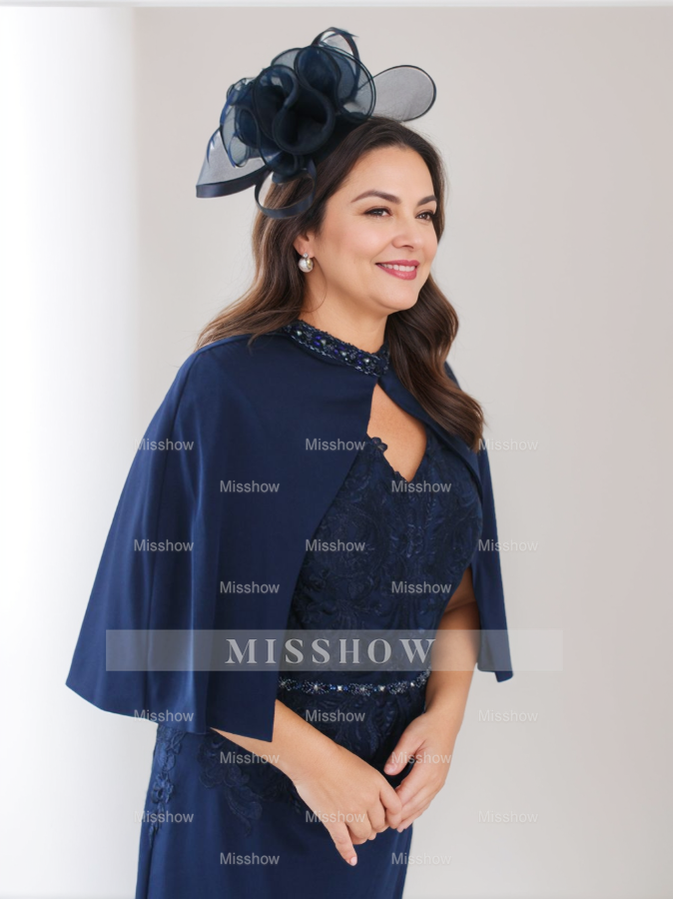 Plus Size V-Neck Tea-Length Mother of the Bride Sheath Dress with Rhinestones & Appliques